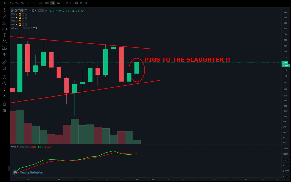 billc062's tweet photo. THIS IS AN INVITE TO ALL $QNT #PONZI SCAM ARTISTS

REPLY AND I'LL MARK IT WITH $QNT CHART

LET'S SEE WHO'S MORE CREDIBLE

PRICE 116.4 🐷🐷🐷🔪🔪🔪🔪🔪🩸🩸🩸🩸🩸🩸 https://t.co/dIQI0zF9dI