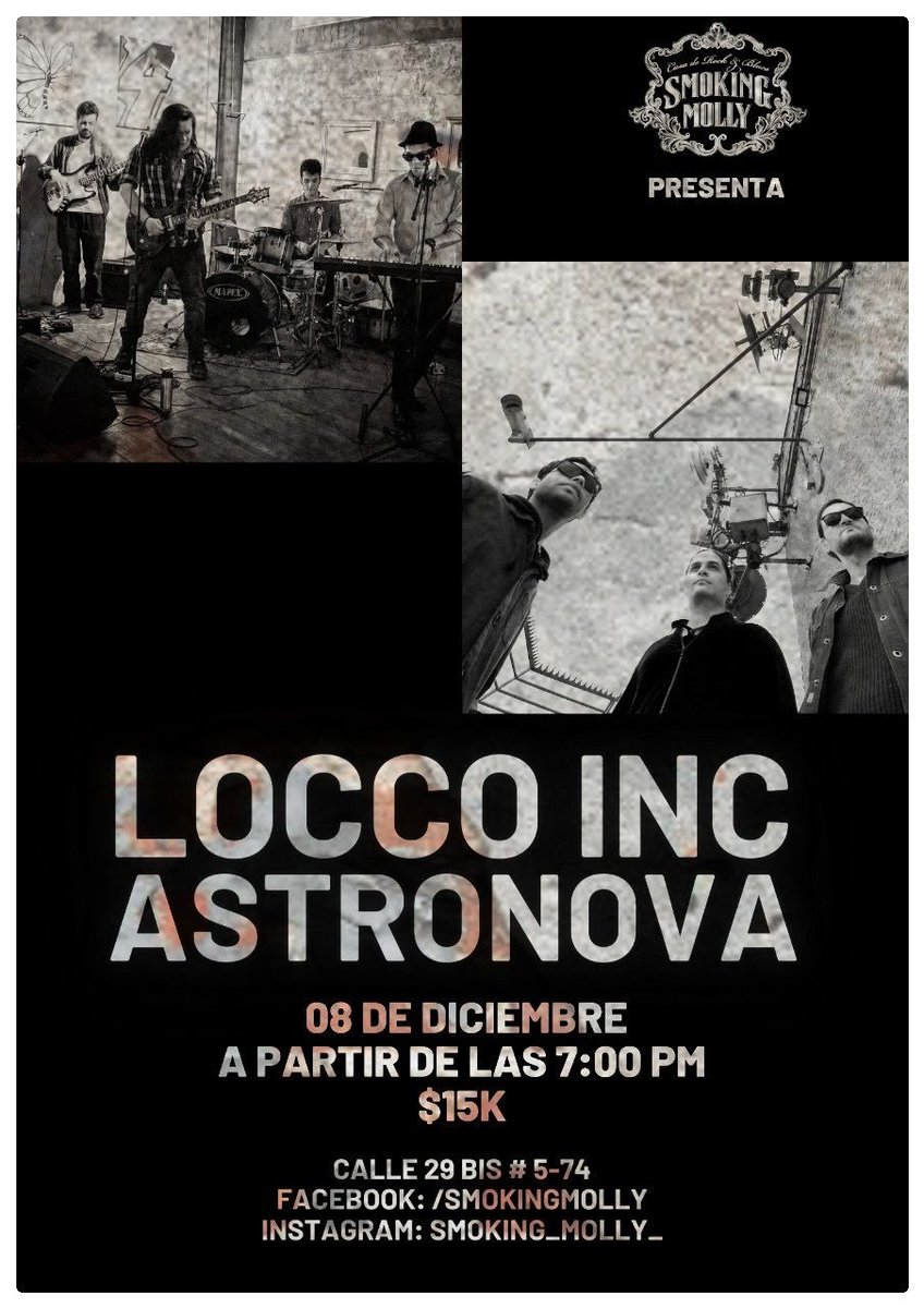 astronovamusic's tweet photo. Una vez más en vivo en el 2022!
Nos vemos después de velitas en @SmokingMolly Bogotá D.C. junto a @Loccoinc. Gracias por la invitación!
8 DIC / 7 PM / 15 K
Calle 29Bis#5-74 https://t.co/C7ee3VFRPp