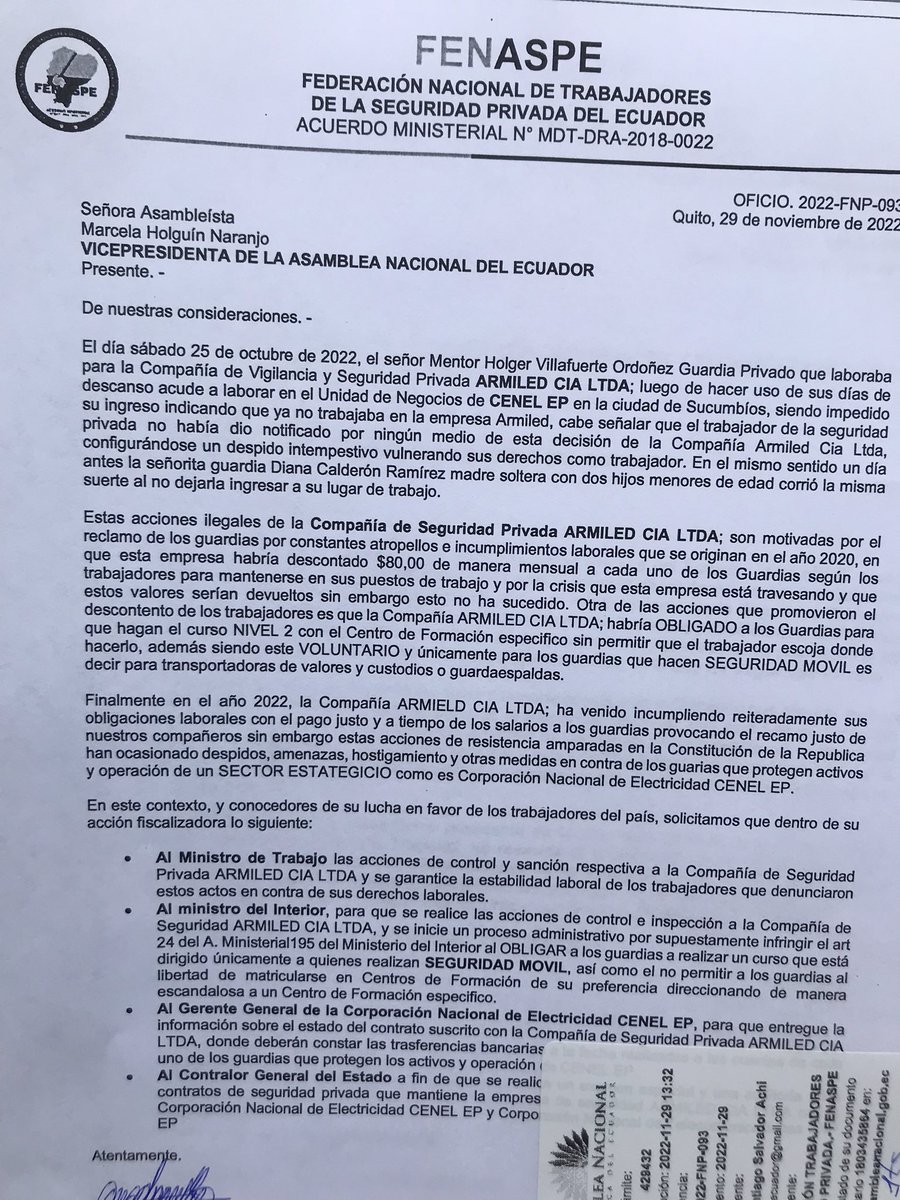 FENASPE1's tweet photo. (🚨)Buscamos #Justicia, y #Estabilidad laboral para los #Guardias q enfrentan al #Explotador #ARMILED
As @marcelaholguin acudimos a su coherencia para fiscalizar a las autoridades q permiten estos atropellos @MinTrabajoEc @MinInteriorEc @CNEL_EP con intervención @ContraloriaECU https://t.co/4IJNZIgMHB