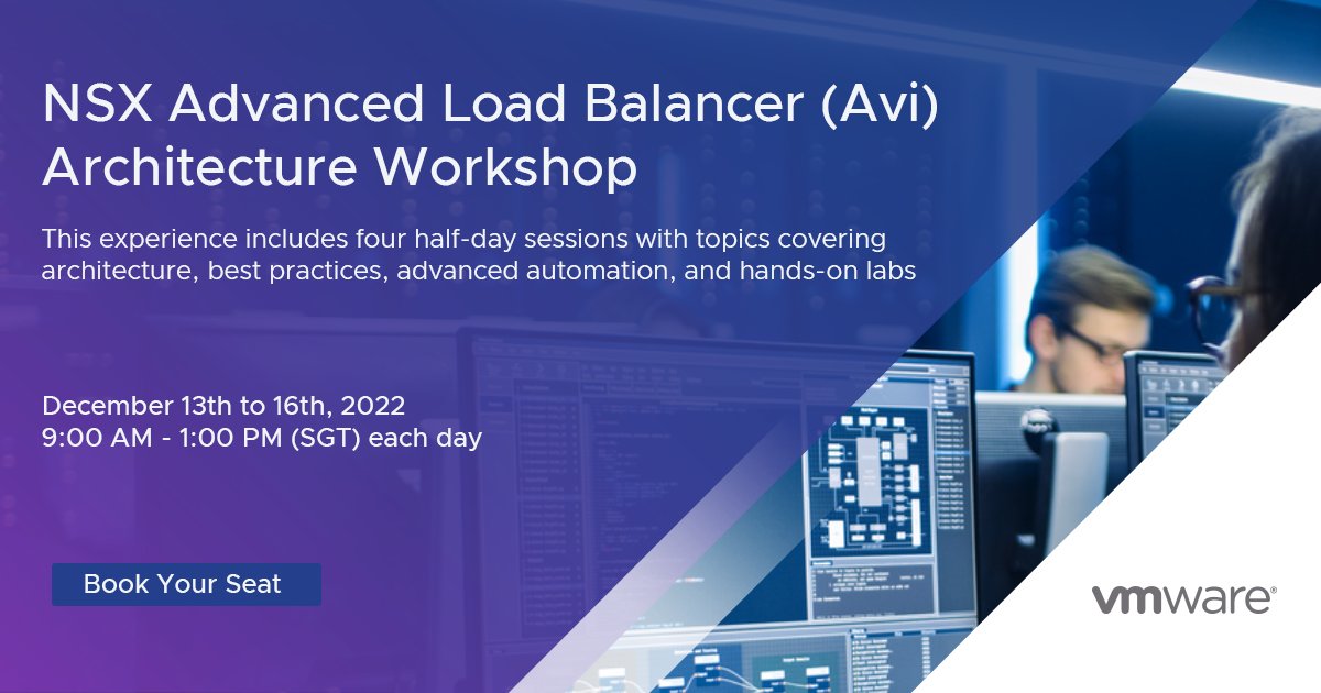 VMwareSG's tweet photo. Join us for the #NSX Advanced #LoadBalancing Architecture #Workshop as we deep dive into #Avi architecture, how to deploy Avi, securing Avi and uncover exciting use cases. https://t.co/7bUkomw8gQ
#Avi #LoadBalancing #VMware #AviSecurity #NSXSecurity #VMwareSecurity https://t.co/BpVUYEC7ad