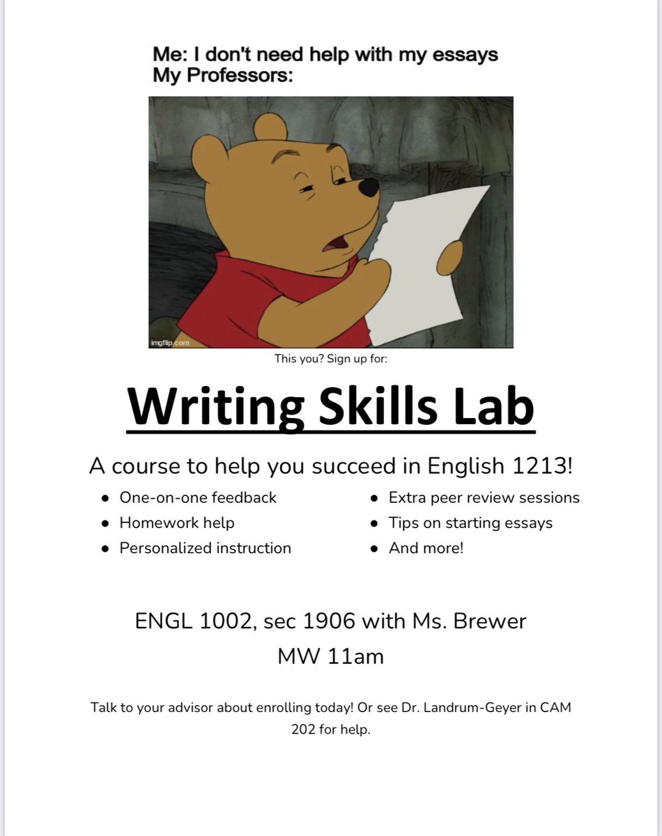 SWOSU_Lang_Lit's tweet photo. Need a little extra help with Comp 2? Enroll in the Writing Skills Lab with Ms. Brewer in the Spring for more one-on-one feedback and personalized instructional support. Talk to your advisor to enroll today! #swosu #swosulanglit #swosuwrites #spring2023 

*Flyer by Skye Cowley https://t.co/Cwln2npA4S