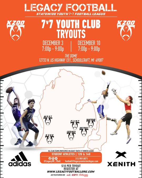Tryouts this weekend for Kzoo 7v7 Youth Football.  Sign up if you haven’t already!  Join the club…Off-season work equals in season success!  See you Saturday! <a href="/LegacyMI_FBall/">Legacy Football Organization</a> <a href="/Legacy_Recruit/">Legacy Recruiting</a> 

Tryout Sign up:
member.daysmartrecreation.com/#/online/legac…