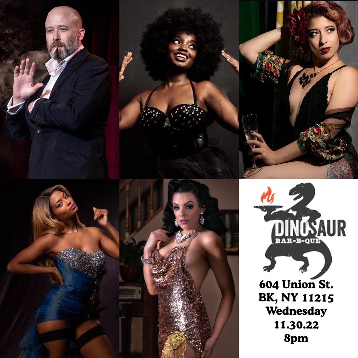 Grab your tickets now for Burles—QUE @dinosaur_bbq and join us for a wild night of BBQ, Booze, Magic and Burlesque  this coming Wednesday November 30th at 8pm! 🎟🔗➡️B!0