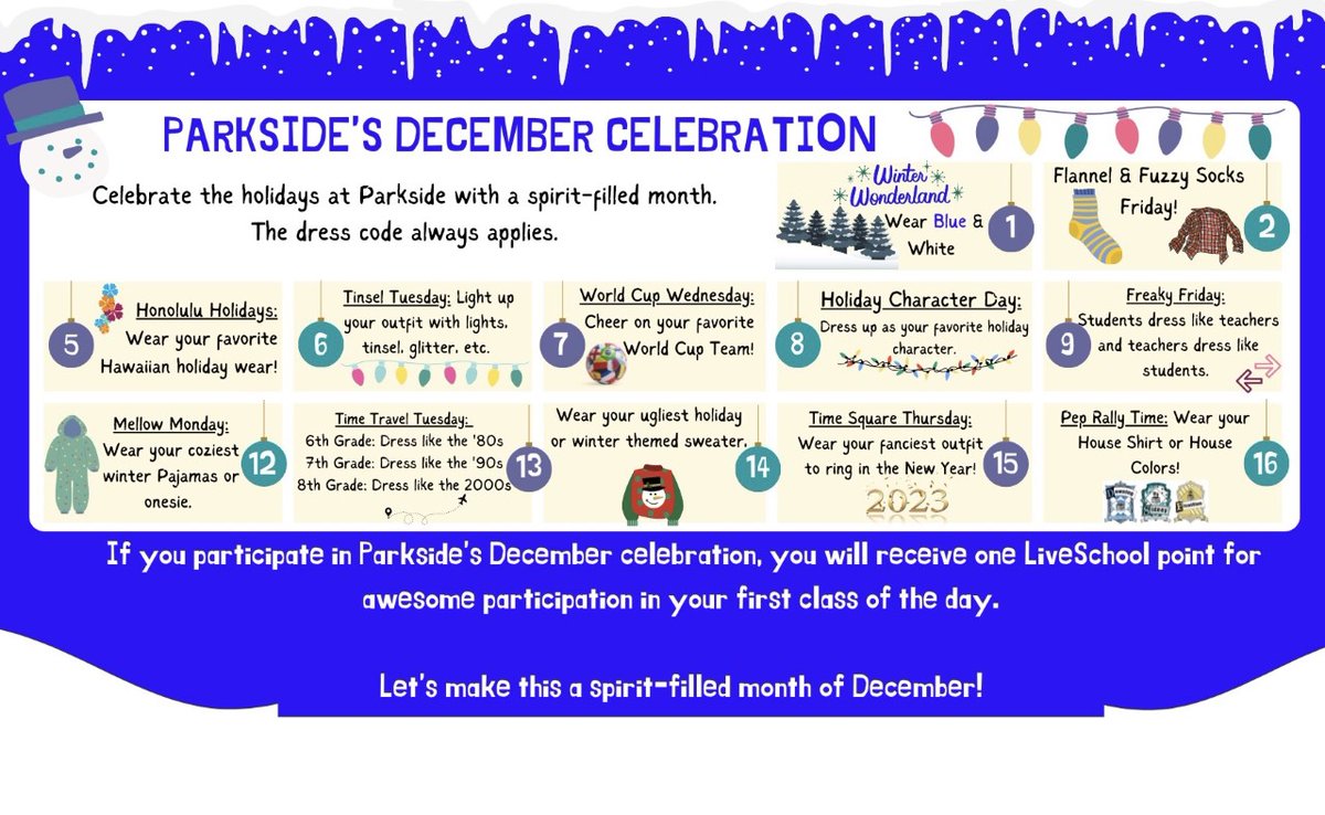 PKMSPantherCub's tweet photo. I'm ready to count down the days until Winter Break with these fun-filled spirit days!! 
🐾 #parksideproud 

@PKMSpanthers @Parkside_Sports @DrBoynton @LDMcDade https://t.co/fCnUzc8Ekt