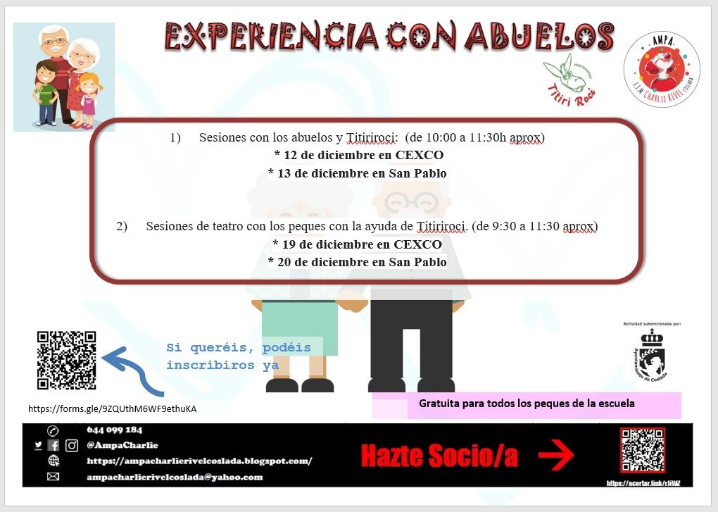 PROYECTO MIS ABUELOS Y YO
los ABUELOS/AS junto con @Titiriroci realizarán actividades para y junto con los peques.
 
Subvencionado por la “Concejalía de Mayores” del <a href="/Ayto_Coslada/">Ayuntamiento de Coslada</a> 

Inscribid a los abuelos a través del formulario: forms.gle/9ZQUthM6WF9eth… 

¡Será  inolvidable!