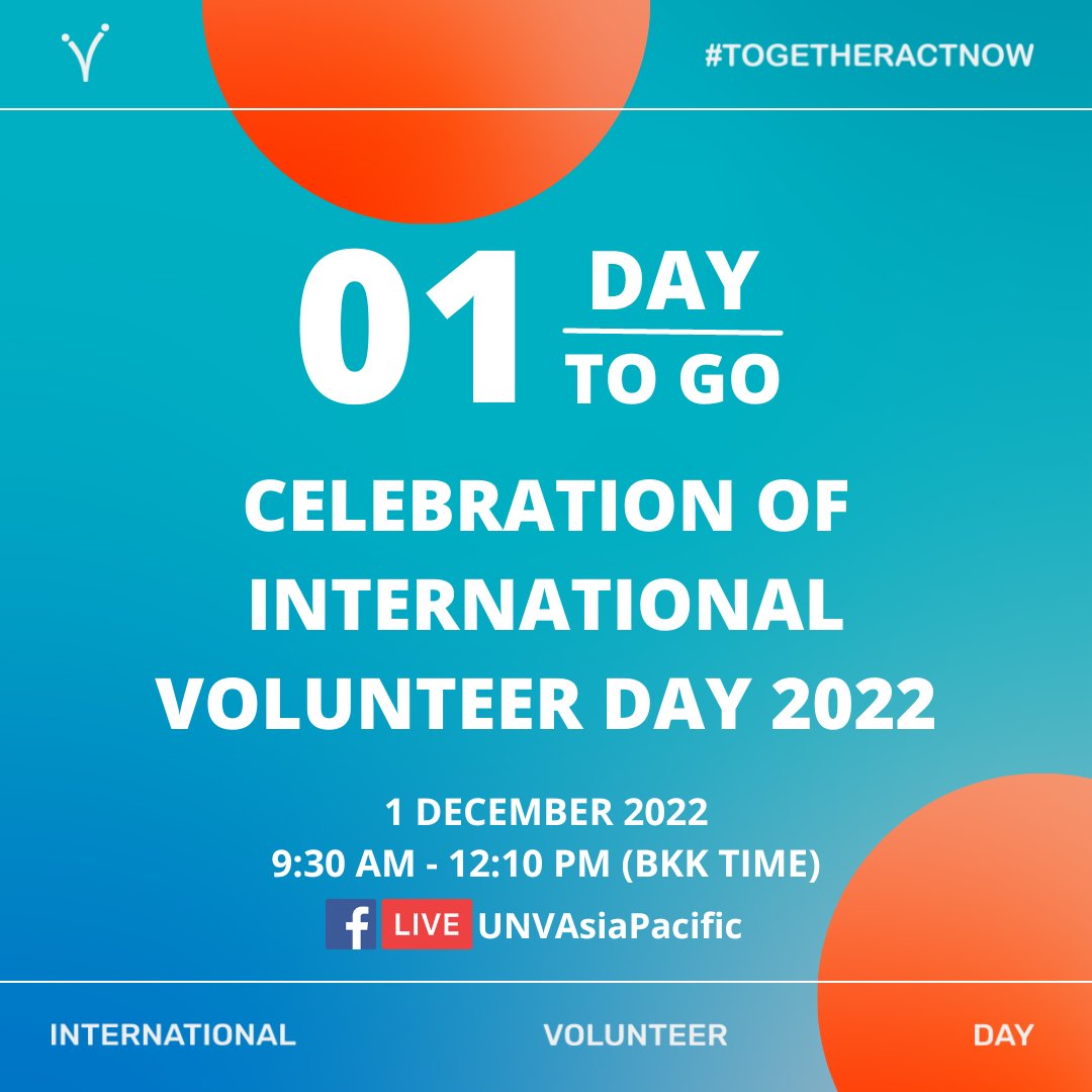 Few hours remaining!

Join us tomorrow for the celebration of the International Volunteer Day! #TogetherActNow 

⏰ 09:30-12:10p.m (Bangkok Time)

📢 Facebook Page: facebook.com/UNVAsiaPacific