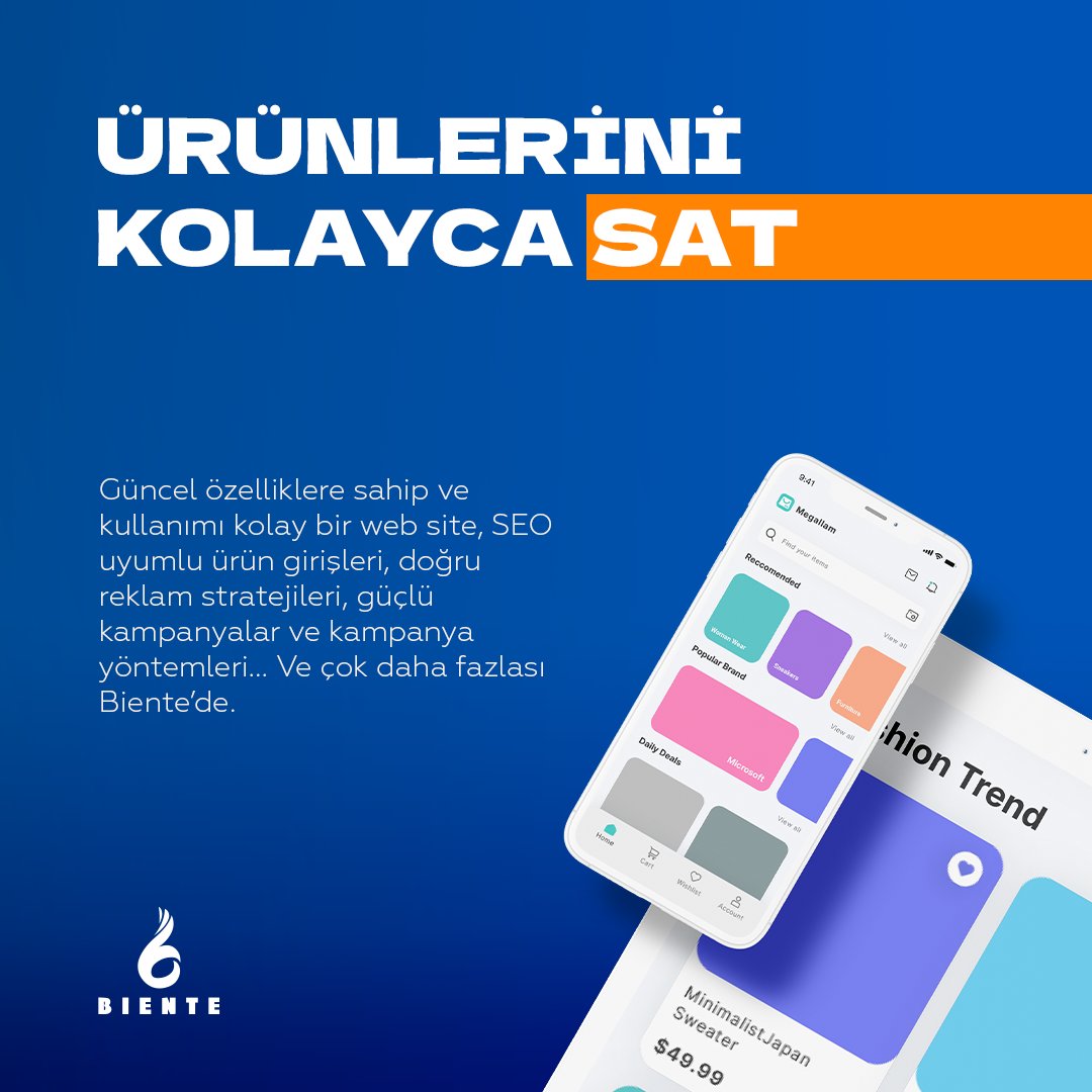 Biente ile e-Ticaret sürecinizi başlatmakla kalmıyor ticari hedeflerinize ulaşmanız için online çözümlerden en etkili şekilde faydalanmanızı sağlıyoruz. Karlılığınızı ve müşteri sadakatinizi arttırıp yüksek rekabetli e-Ticaret dünyasında öne çıkmak için bizlere ulaşabilirsiniz.