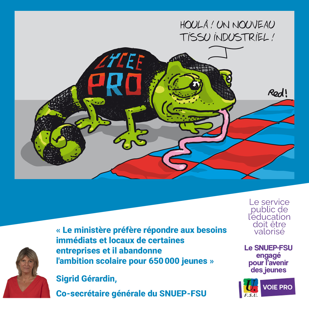 SNUEPFSU's tweet photo. « Le ministère préfère répondre aux besoins immédiats et locaux de certaines entreprises et il abandonne l'ambition scolaire pour 650 000 jeunes »
@GerardinSigrid ,Co-SG du @SNUEPFSU
#réforme #LycéePro #sauvonslelyceepro #AvecLaFsuPourGagner #Macron #FSUvoiepro #balancetareforme https://t.co/T5AokGSWXp