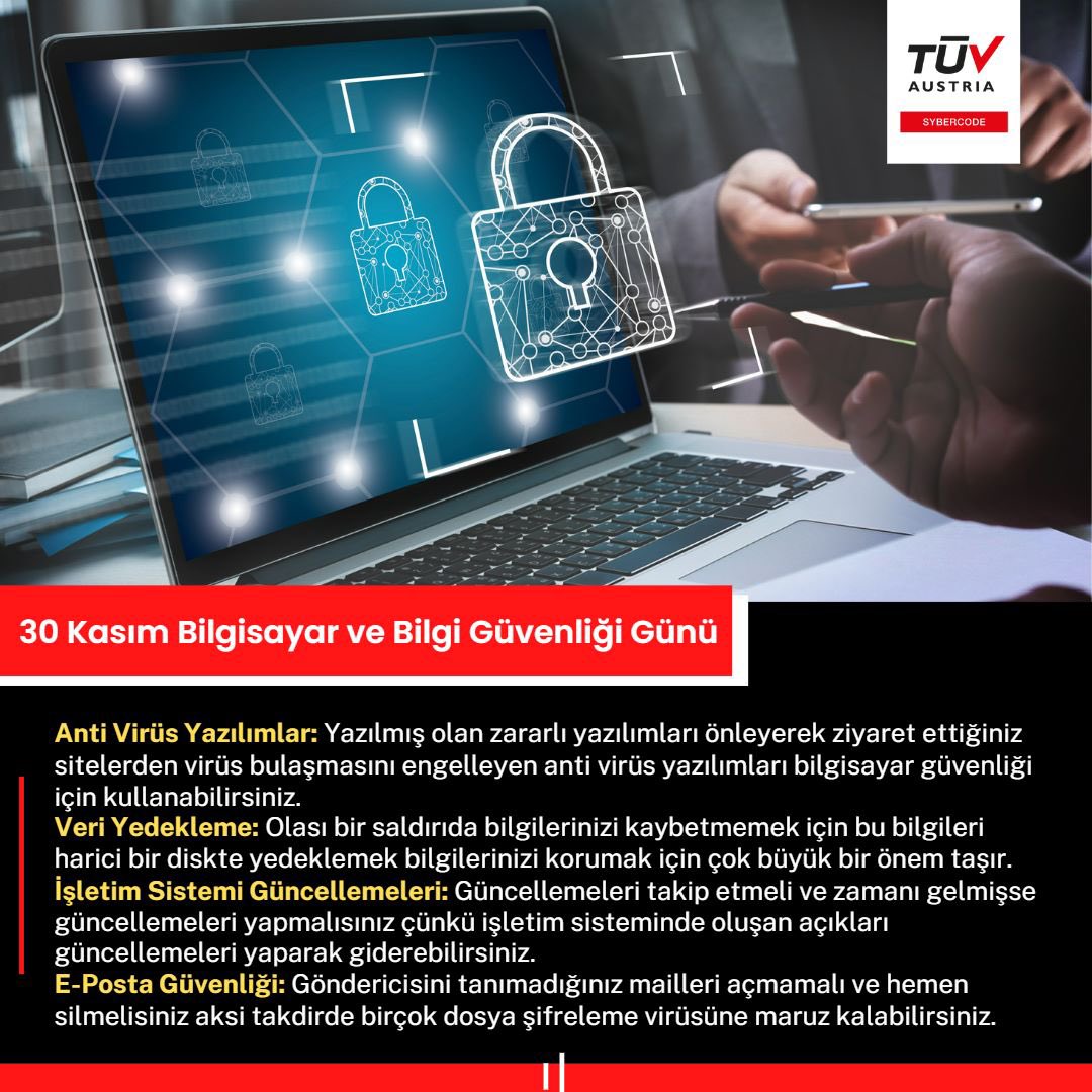 30 Kasım Bilgisayar ve Bilgi Güvenliği Günü!
Siber zorbalığa karşı güvenlik önlemlerinizi aldınız mı? 🤔

#TÜVAUSTRIASyberCode  #SyberCode #SiberGüvenlik  #computersecurityday #bilgisayargüvenliği #verigüvenliği #çevrimiçigüvenlik #internationalcomputersecurityday