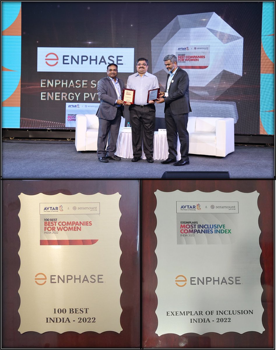 Enphase_India's tweet photo. We are proud to have been awarded the Top 100 Best Companies for Women in India and an “Exemplar of Inclusion' award of Avtar &amp; Seramount Best Companies for Women in India (BCWI) &amp; Most Inclusive Companies Index (MICI). ​
#womeninbusiness #inclusionanddiversity #EnphaseEnergy https://t.co/SPQ8mKuMyW