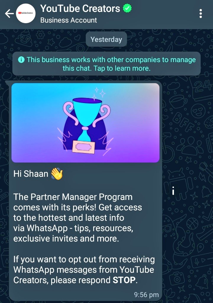 So the Partner Manager Program for <a href="/YouTubeCreators/">YouTube Creators</a> is available now on WhatsApp too.... Good job, <a href="/TeamYouTube/">TeamYouTube</a> 🙂👍