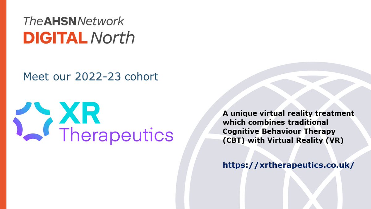 HealthInnovYH's tweet photo. Meet one of our new #DigitalNorth cohort: @XRTherapeutics 

A unique virtual reality treatment which combines traditional Cognitive Behaviour Therapy with Virtual Reality 

Find out more: https://t.co/GXuuSzTAM4 

@HealthInnovMcr @AHSN_NENC &amp; @innovationnwc 
#AHSN @AHSNNetwork https://t.co/ao611g2MuE