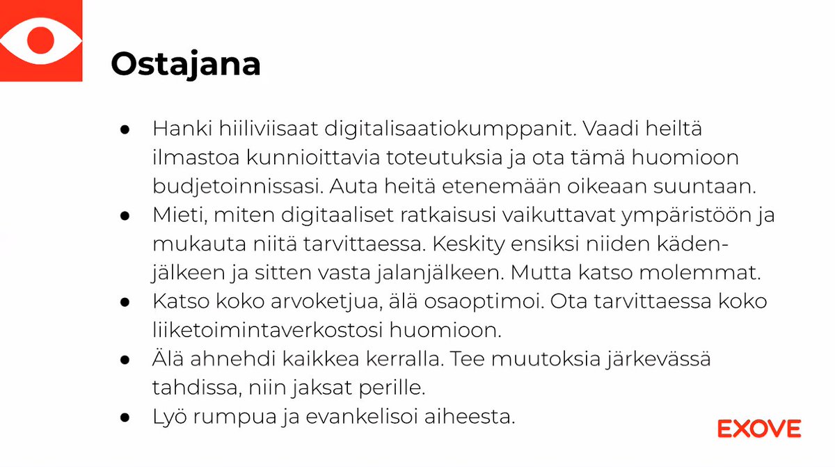 Tapaamisen avasi Exoven Janne Kalliola. 

Jannen selkeässä esityksessä kerrottiin mitä koodin vihreys tarkoittaa. Lisäksi annettiin käytännön ohjeita ja ratkaisuja mm. energiahukan hoitoon, koodareille ja ostajille.

#kestäväICT #ICTilmasto