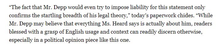 LauraBockov's tweet photo. Roberta Kaplan “While Mr. Depp may believe that everything Ms. Heard says is actually about him, readers blessed with a grasp of English usage and context can readily discern otherwise,” https://t.co/zsKLPCJN8S