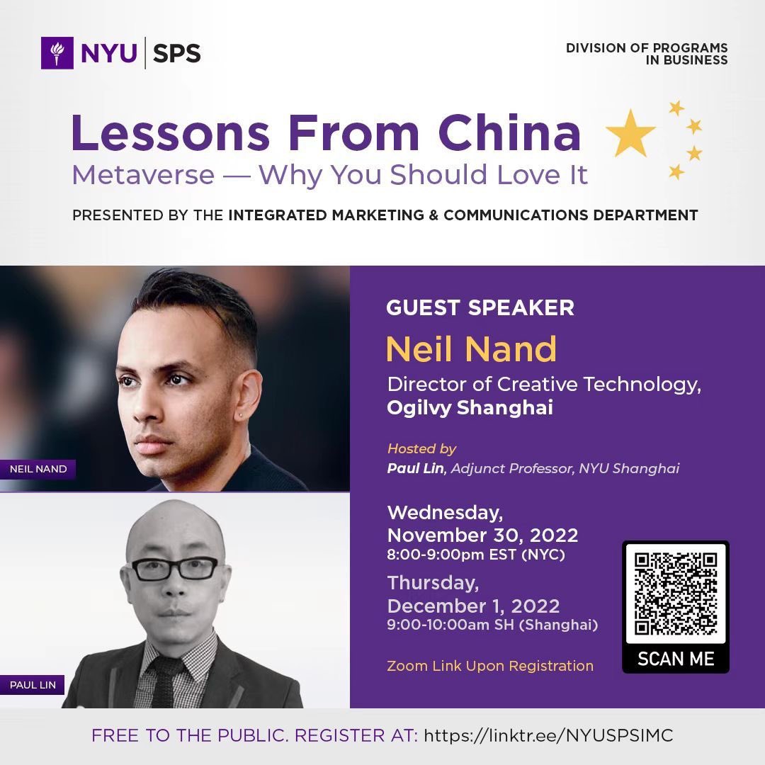 Do you 💗 the metaverse? Join me on Wed, Nov 30 at 8pm EST in #NYC (9am in #Shanghai) as we take you through the differences in the metaverse in China vs the West, and why the #Metaverse is something you should love. It's free to join, so RSVP here: lnkd.in/ewq7yjEt