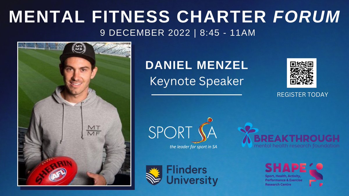 SHAPE Research (@shaperesearch) on Twitter photo 📢 ANNOUNCEMENT
<a href="/DanielMenzel10/">Daniel Menzel</a> - keynote speaker
#MentalFitnessCharterSA Forum on 9 Dec
Daniel's story of resilience & mental health is not to be missed.
Register: sportsa.org.au/events/164544/
<a href="/LeaderSportSA/">Sport SA</a> <a href="/BreakthroughMHR/">Breakthrough Foundation</a> <a href="/Flinders/">Flinders University</a> <a href="/DanielMenzel10/">Daniel Menzel</a> 📢 ANNOUNCEMENT
<a href="/DanielMenzel10/">Daniel Menzel</a> - keynote speaker
#MentalFitnessCharterSA Forum on 9 Dec
Daniel's story of resilience & mental health is not to be missed.
Register: sportsa.org.au/events/164544/
<a href="/LeaderSportSA/">Sport SA</a> <a href="/BreakthroughMHR/">Breakthrough Foundation</a> <a href="/Flinders/">Flinders University</a> <a href="/DanielMenzel10/">Daniel Menzel</a>