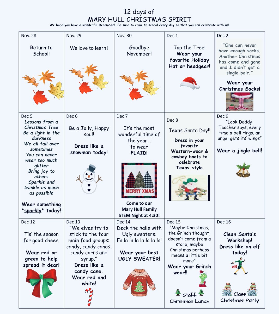 Roadrunner’s 12 Days of Christmas 🎄Hope all of our students and staff will join us in the festive fun!!