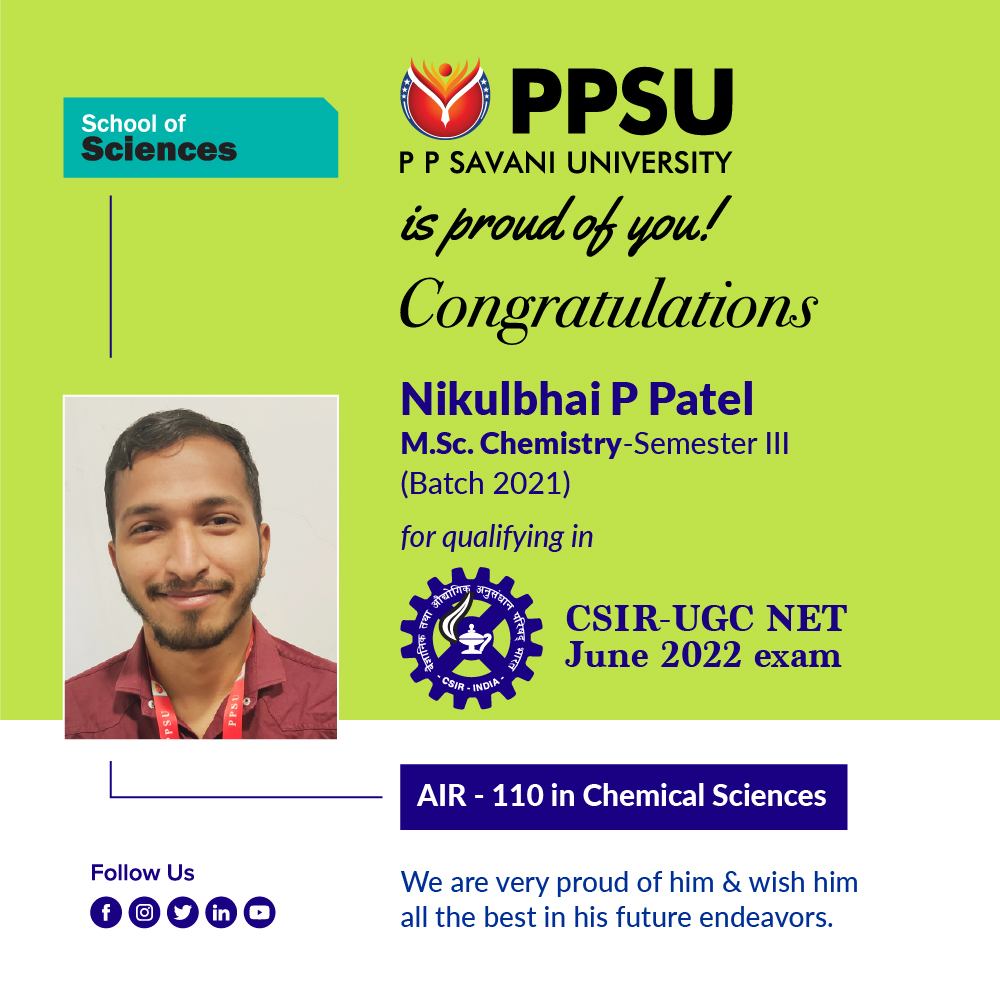 PPSavaniUni's tweet photo. School of Sciences, PPSU heartily congratulates all the three students of M. Sc. Chemistry Semester III for cracking Joint CSIR-UGC NET 2022 Exam.
#PPSU #PPSavaniUniversity #PrideofPPSU 
#SchoolofSciences #SoS 
#CSIR #CSIRUGCNET 
#UGCNET #UGCNET2022 
#NET2022 https://t.co/mZMyzkvrIM