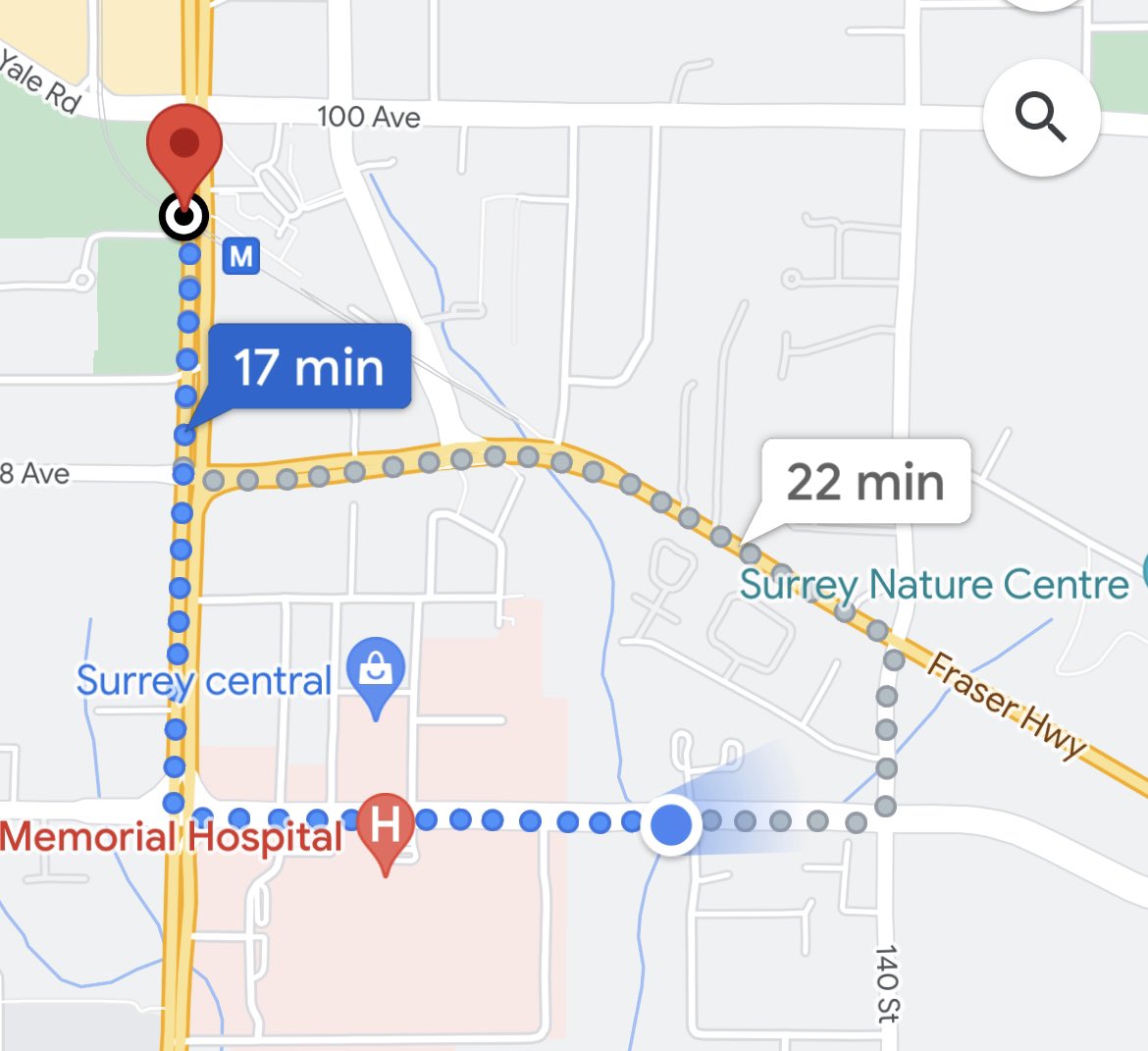 AasthaPK's tweet image. That’s how much we’ve moved since 5:37 - from the red locator pin to the blue locator on that blue dotted route😅 #snowbc #transit