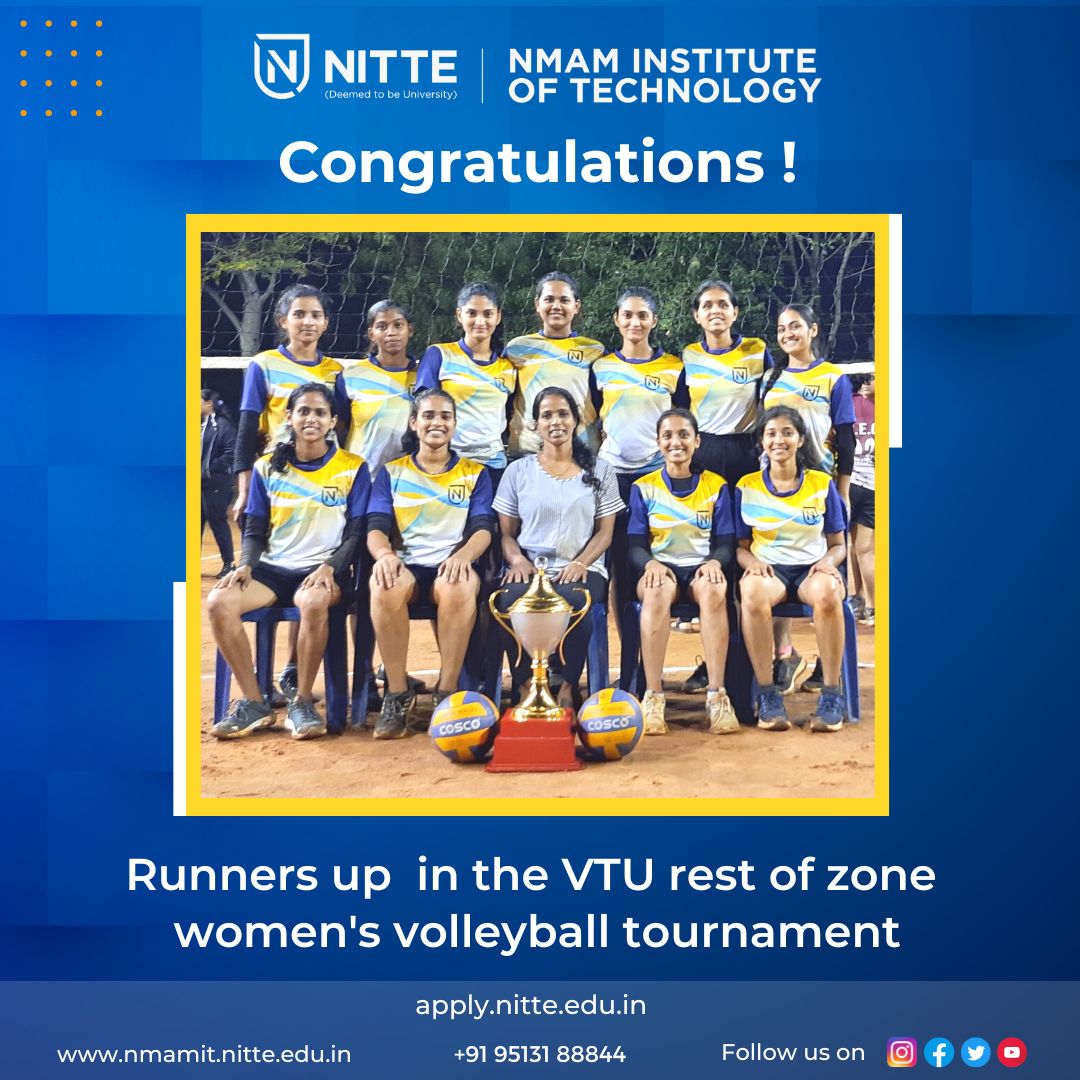 nmamitnitte's tweet photo. Happy to announce that the NMAMIT Girls Volleyball Team emerged Runners up in the VTU rest of zone Women's Volleyball Tournament held at PES College of Engineering, Mandya on 24th November 2022. Congratulations to the entire team!
#NMAMIT #NITTEUniversity #nittesports #NetCampus https://t.co/Tl1aSt9whY