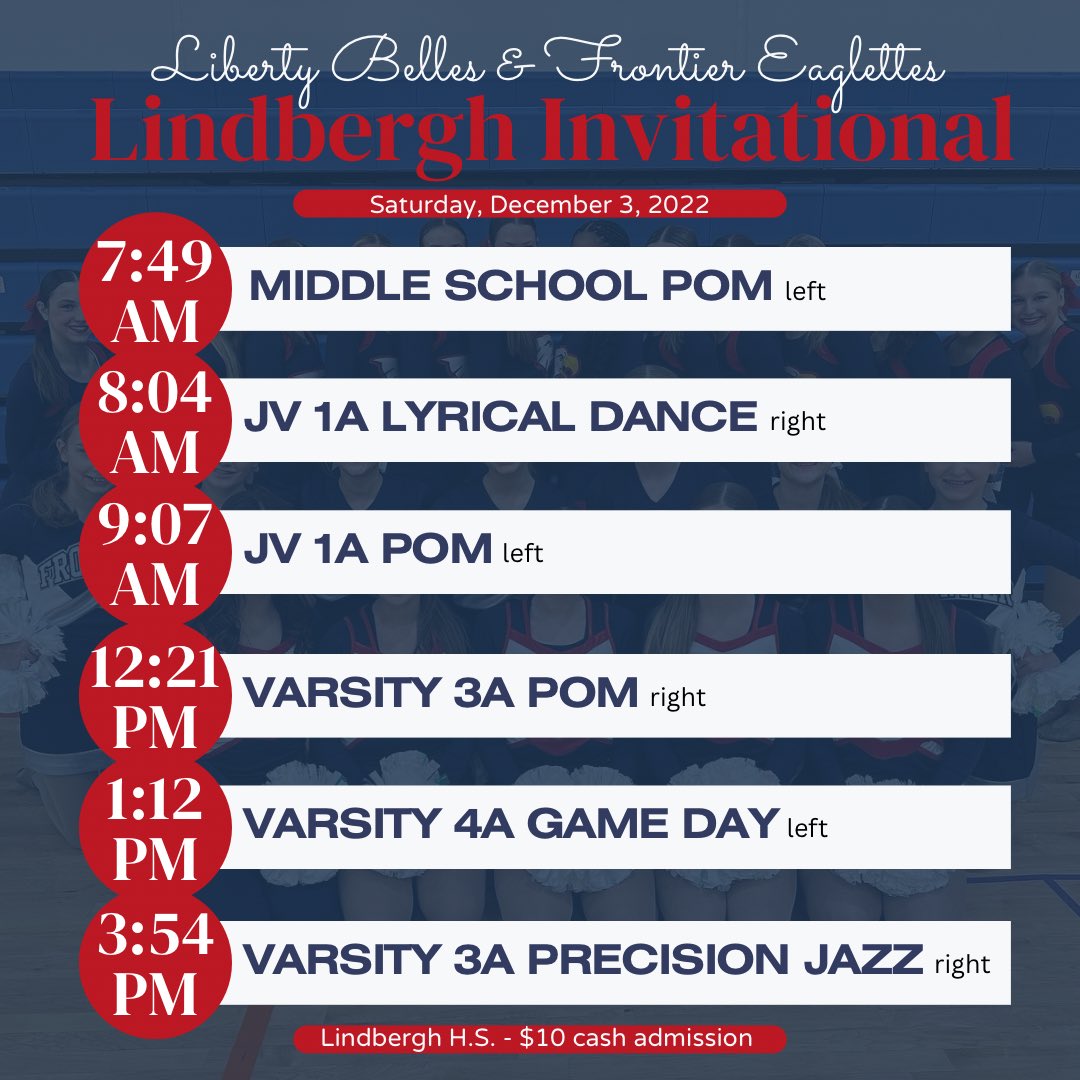 LHSdance's tweet photo. We hope you’ll join us this Saturday, December 3rd at Lindbergh H.S. This is our first regional of the season and the only competition where you can see the Frontier Middle School Eaglettes, as well as the JV and Varsity Liberty Belles all in one day! ❤️💙🤍 #TrueToWe #Lindbergh https://t.co/xuth7X8dgC
