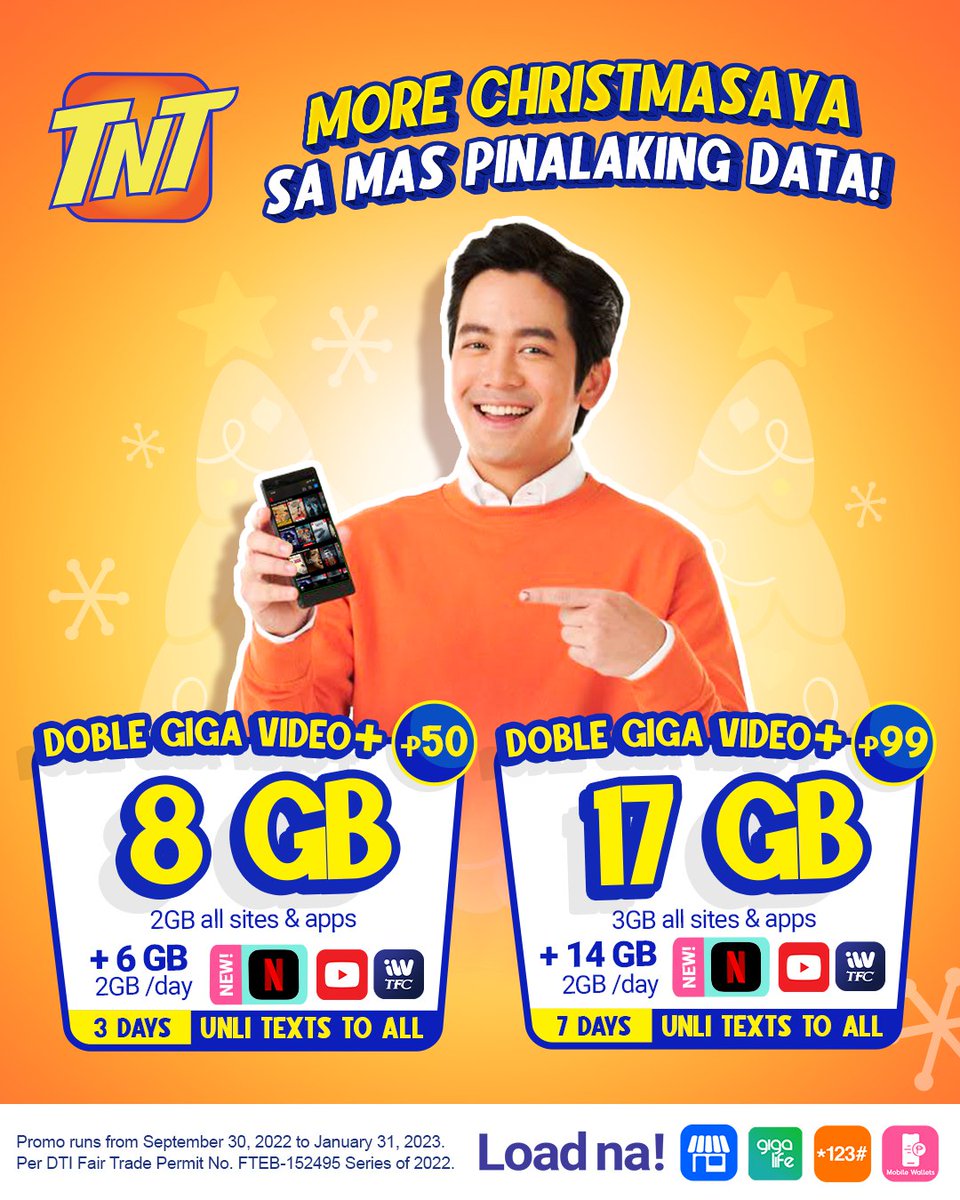 tntph's tweet photo. Doble ang Christmasaya with TNT Doble Giga Video+🎄

May mas pinalaking data na pang-stream sa Netflix and other streaming apps. Load na: https://t.co/vrfHS9B08X

Available rin sa suking tindahan, GigaLife App, *123# at mobile wallets. #TNTDobleGigaPlus https://t.co/weYWDTknNR