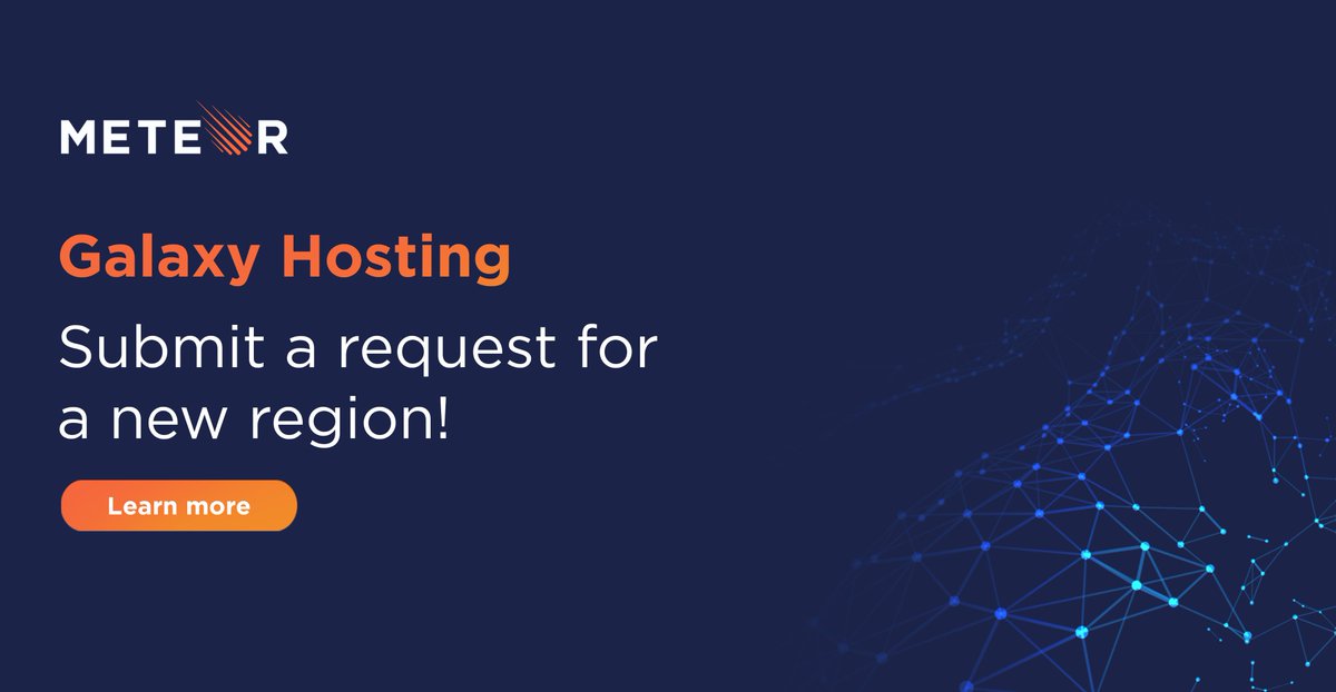 CloudByGalaxy's tweet photo. You may now request a new Galaxy region!
If you don't see a region where your users reside, you may now request a new region by filling out this form: https://t.co/QD1XMiWtkB
#MeteorCloud #Galaxy #hosting https://t.co/LDCyDRnaNA