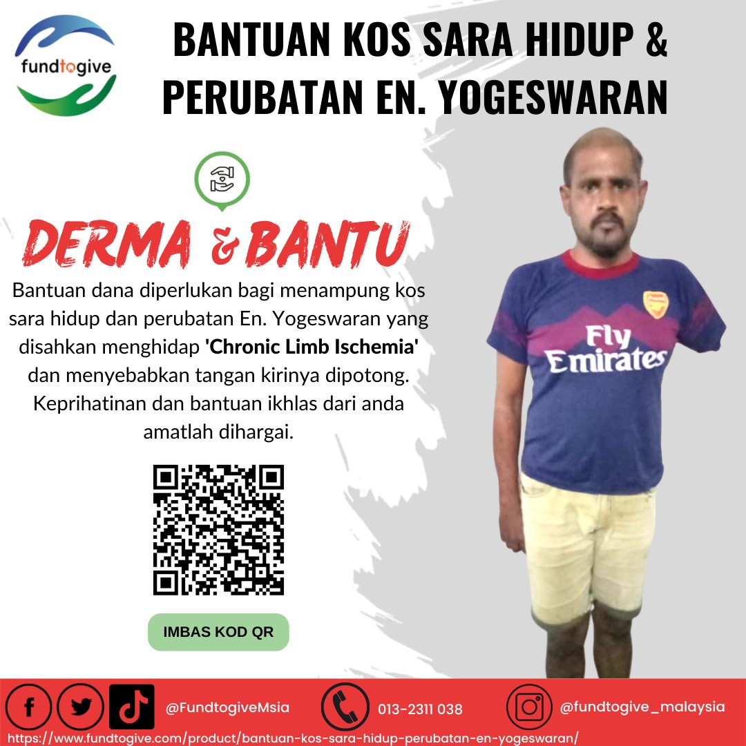 GetafrenMsia's tweet photo. Sumbangan diperlukan bagi En. Yogeswaran yang disahkan mempunyai Chronic Limb Ischemia dan mengalami kesukaran untuk mendapatkan pekerjaan dan menampung kos perubatan susulan. Segala keprihatinan dan jasa baik anda amatlah dihargai. 
#fundraising #KitaJagaKita #Donation https://t.co/sqk09TARVI