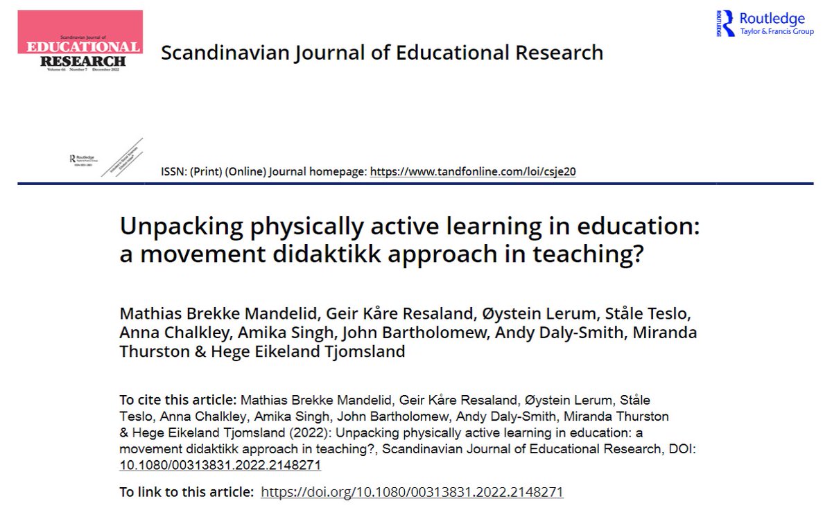 Unpacking #PhysicallyActiveLearning in education➡️ Just published a new paper exploring teachers' educational value judgements about PAL. 

Check it out: 
tandfonline.com/doi/full/10.10…