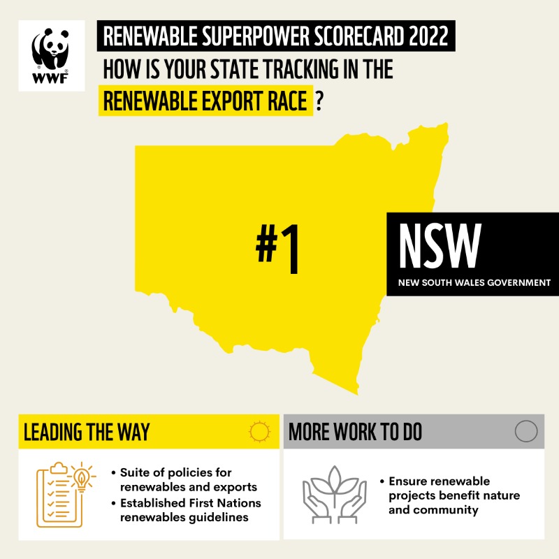 WWF_Australia's tweet photo. 🏆 NSW surges to 1st place in the race to become a Renewable Energy Export Superpower!