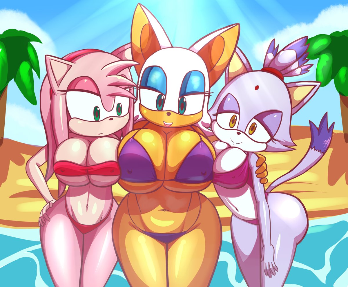 HAllissei's tweet photo. A collab I did with @panchito1234nos
Amy, Rouge and Blaze are enjoying the beach

Although we can see that Amy is jealous of Rouge... Meanwhile Blaze is just happy to be here

Rouge: Smile to the camera!
Blaze: I'm so happy to be here
Amy: Yeah... Sure... **this woman is huge!** https://t.co/tgcYikObKA