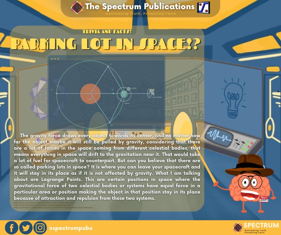 [𝑻𝑹𝑰𝑽𝑰𝑨 &amp; 𝑭𝑨𝑪𝑻𝑺]
𝐀 𝐏𝐀𝐑𝐊𝐈𝐍𝐆 𝐋𝐎𝐓 𝐈𝐍 𝐒𝐏𝐀𝐂𝐄?⁉️
By: Marinel Aquilato 
   Lerpy has something interesting to share with us today! 
Caption &amp; Layout by: Russell Tan
—𝙏𝙝𝙚 𝙎𝙥𝙚𝙘𝙩𝙧𝙪𝙢 𝙋𝙪𝙗𝙡𝙞𝙘𝙖𝙩𝙞𝙤𝙣𝙨 𝙋𝙖𝙜𝙚
#Spectrum2022
#ScienceForThePeople