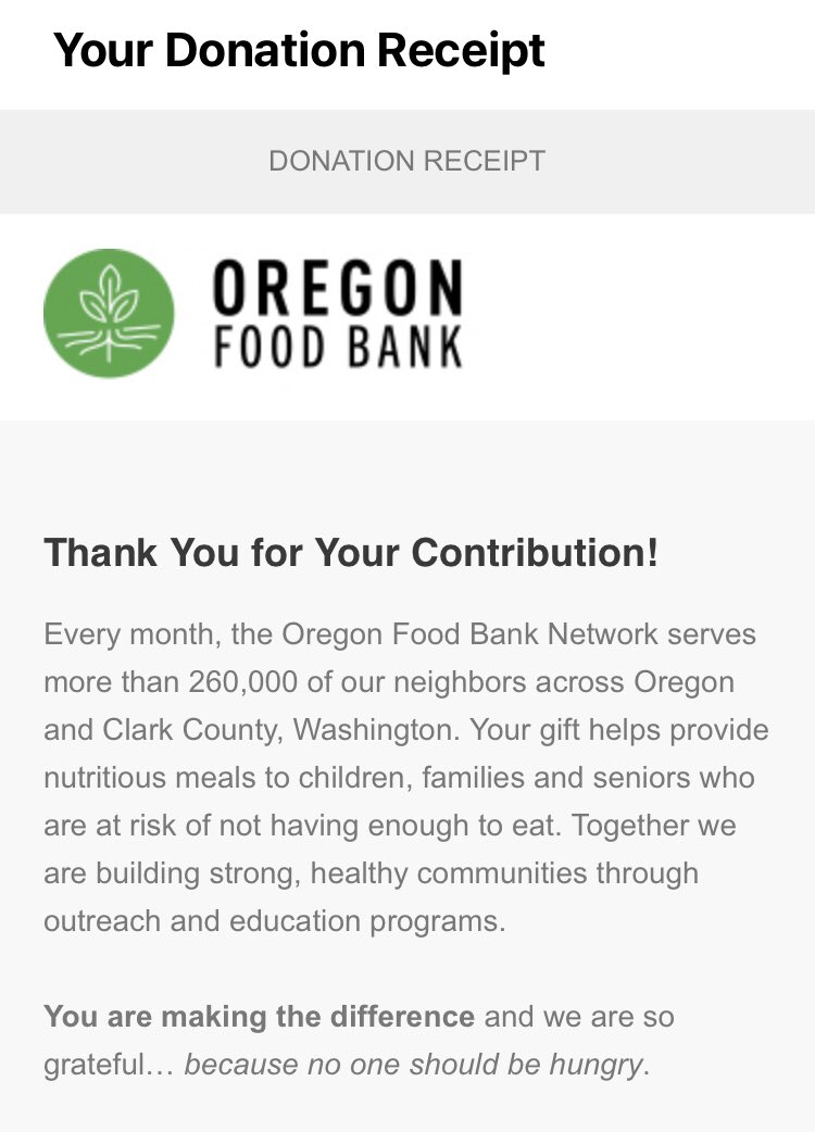 We donated to <a href="/oregonfoodbank/">Oregon Food Bank</a> as part of our family’s Giving Tuesday contributions and in honor of <a href="/HCWvsHunger/">HCWvsHunger</a> and #KidVengers 
Privileged to be able to give. No one should go hungry.