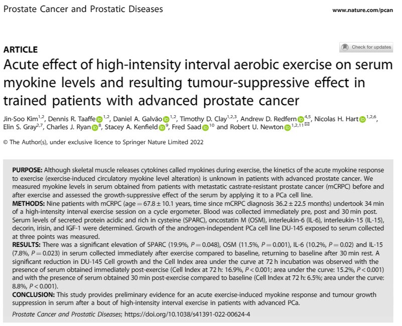 HIIT aerobic exercise can elicit a tumour suppressive response in men with advanced prostate cancer - nature.com/articles/s4139… - more outcomes from <a href="/MovemberAUS/">Movember Australia</a> GAP4 trial, published in @PCAN_Journal - with <a href="/ProfRobNewton/">Rob Newton</a> @StaceyKenfield @DrTClay @CharlesRyanMD <a href="/ElinSGrayPhD/">ElinGrayPhD</a> etc.