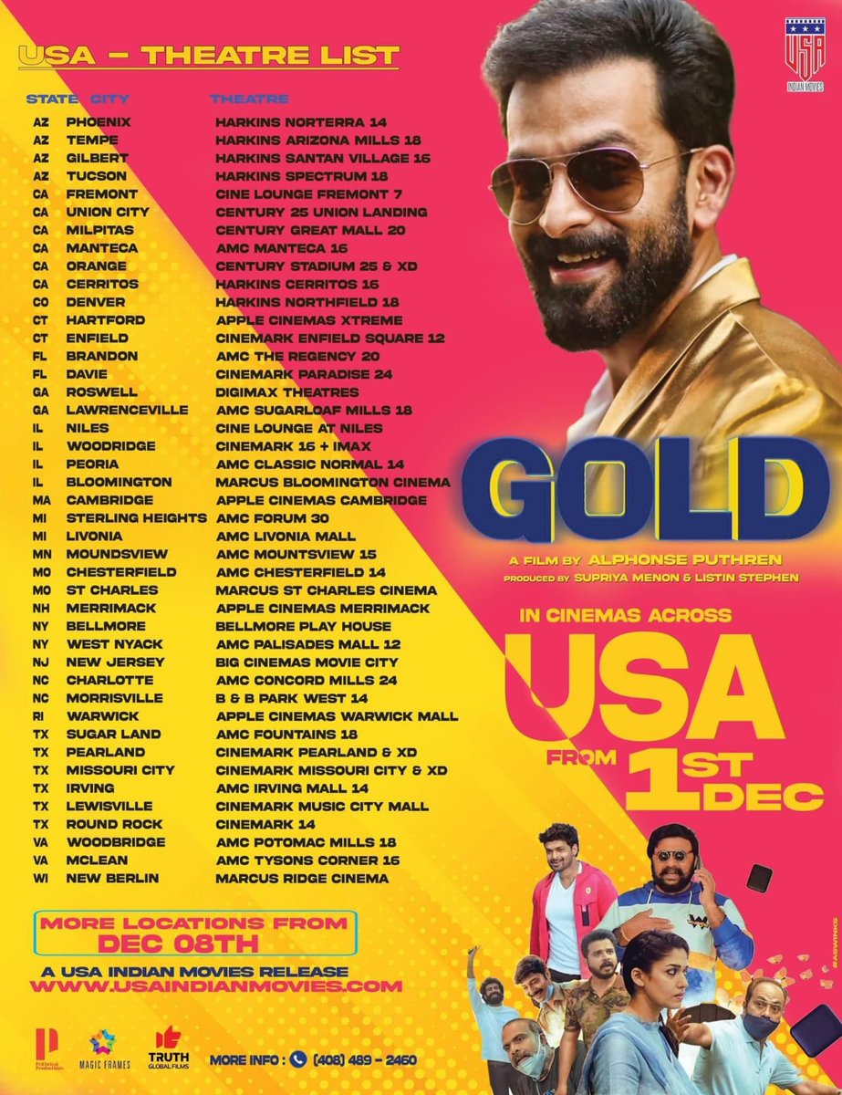 GoldMovieOffl's tweet photo. #Gold USA Theater List 

@PrithviOfficial #AlphonsePuthren #Nayanathara 

#GoldMovie https://t.co/fBq2V279TD
