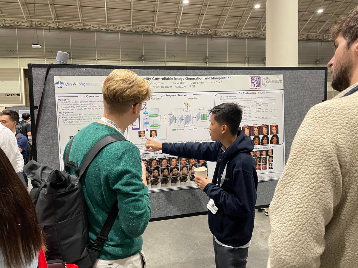 HaoLi81's tweet photo. Our very own Trần Thế Phong kicking off his PhD at our @mbzuai #metaverselab, presenting now at #Neurips2022! Check out his latest work on Quality Controllable StyleGAN manipulation with Anh Tran from Vin AI and Đinh Minh Tân now at @PinscreenInc! #VinAI #MBZUAI https://t.co/8Q5HkXR8XJ