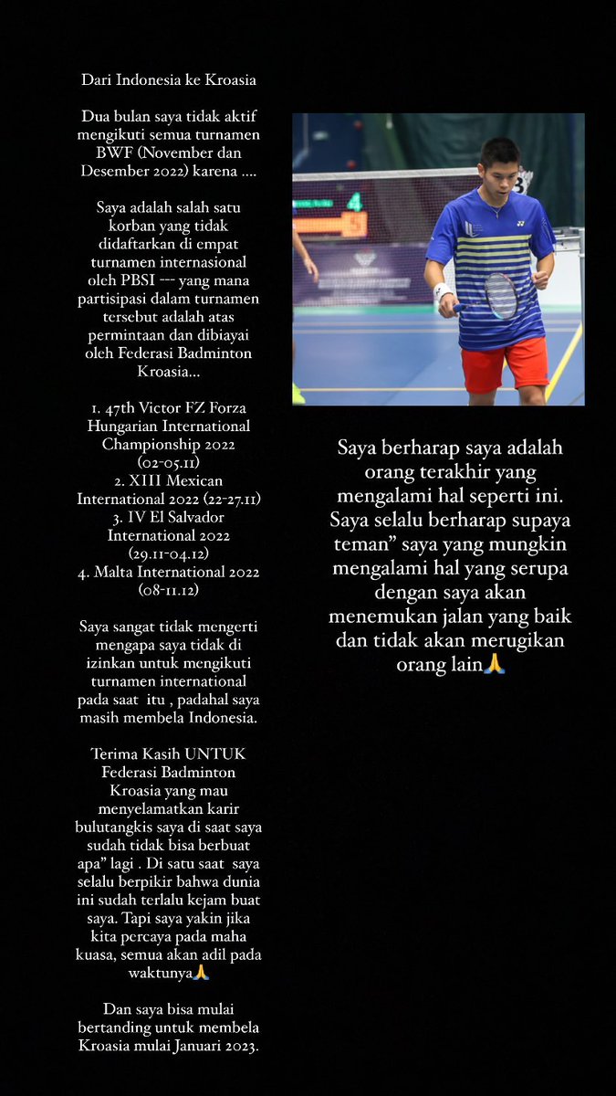 Jujur! Ikut Prihatin aja sama masalah ini 🙏 Aku cuma bisa bantu Follow Up aja

Yuk <a href="/INABadminton/">BADMINTON INDONESIA</a> ajak mereka (pemain profesional &amp; pemilik Club) duduk bareng menyelesaikan Masalah ini, Biar tdk ada lagi yang merasa di Rugikan! 

Ayoolah mereka jg bawa nama INDONESIA 🙏