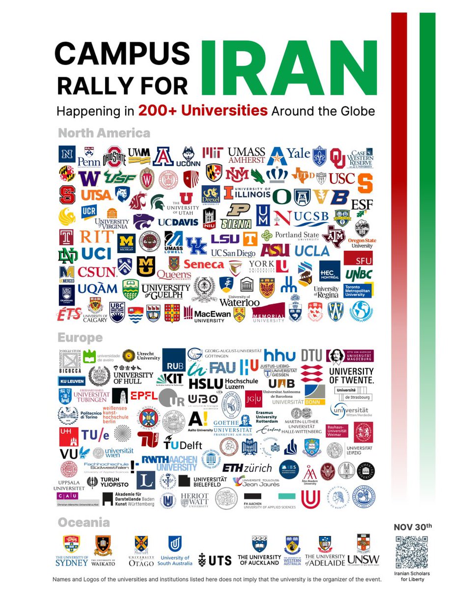 IranianScholars's tweet image. The global #CampusRallyforIran will run in 200+ universities on Wednesday, Nov 30th.
Find the closest rally to you and join. Show your support to the people of Iran.🤍
Map: padlet.com/IranianScholar…

#MahsaAmini #WomanLifeFreedom