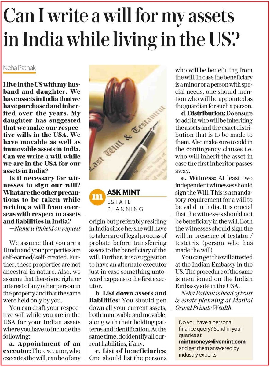 MotilalOswalPW's tweet photo. Can one write a will for their assets in India while living in US? Answered by Ms. @pathakneha, Head of trust & estate planning, MOPW in the 'Ask Expert' column by @livemint
@AshishShanker7
#WealthManagement #WillMaking #estateplanning #AskTheExpert
https://t.co/gu3dJBiyZp https://t.co/cSV2FKfdX6