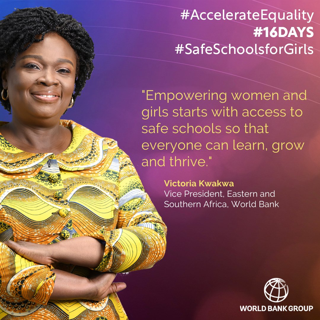 It starts with education.

Read <a href="/WorldBank/">WorldBank</a> VP <a href="/VictoriaKwakwa/">Victoria Kwakwa</a>’s blog on 3 priorities to make schools safe for girls in Eastern and Southern #Africa: wrld.bg/e6z350LQbVA

#16Days #AccelerateEquality