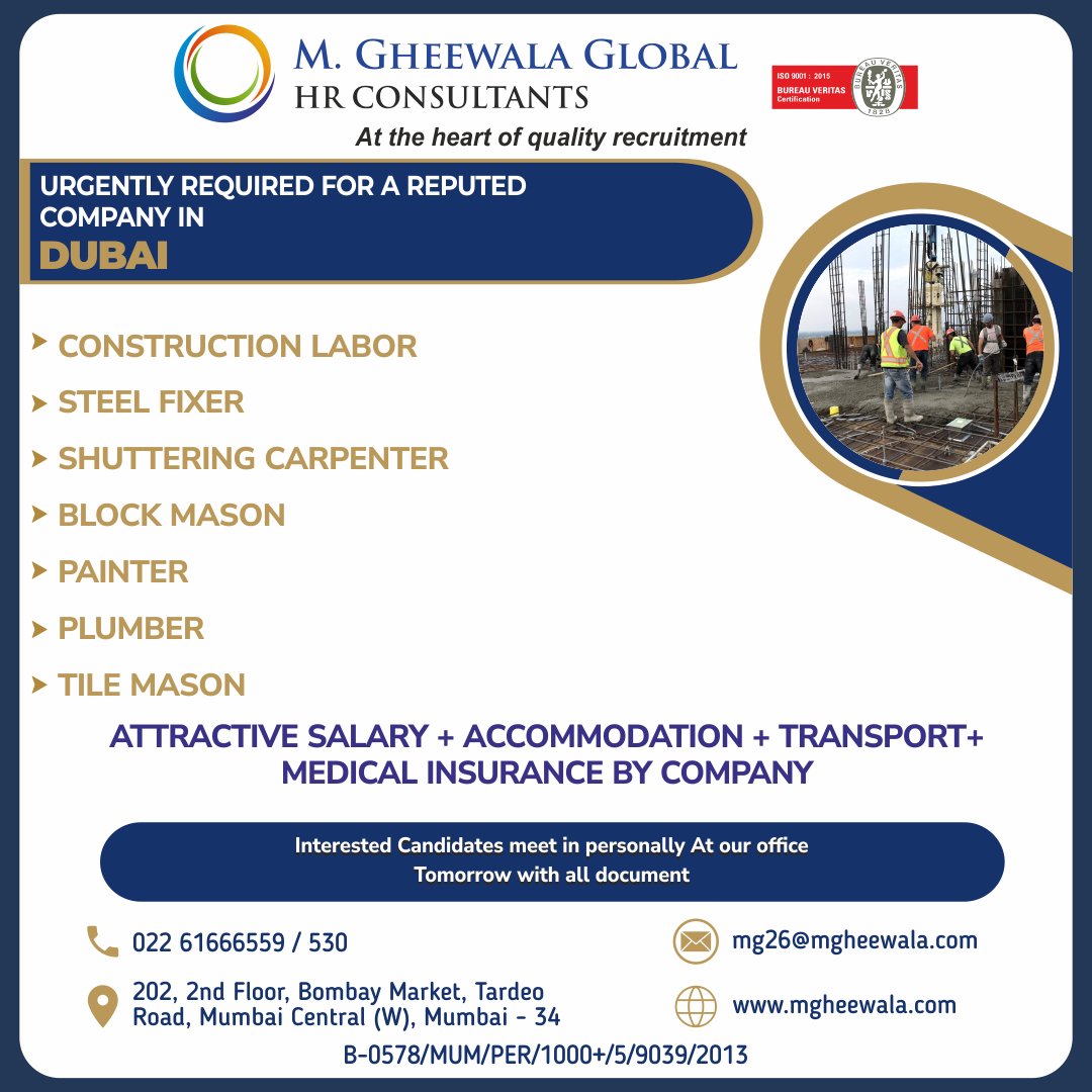 mgheewala_hrc's tweet photo. Job Vacancies for #Dubai

Interested Candidates can send the updated resume to mg26@mgheewala.com

Learn More https://t.co/Ps4bxv2mB1

#labor #constructionlabor #steelfixer #carpenter #shutteringcarpenter #mason #blockmason #painter #plumber #tilemason #jobsindubai #dubaijobs https://t.co/pB1t5cOdXm