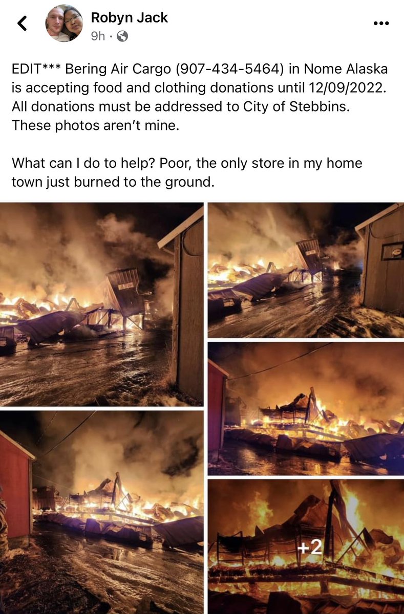 Bering Air Cargo is accepting food & clothing donations for our relatives in the Native Village of Stebbins The tribe’s only grocery/fuel store burned down tonight… they need help