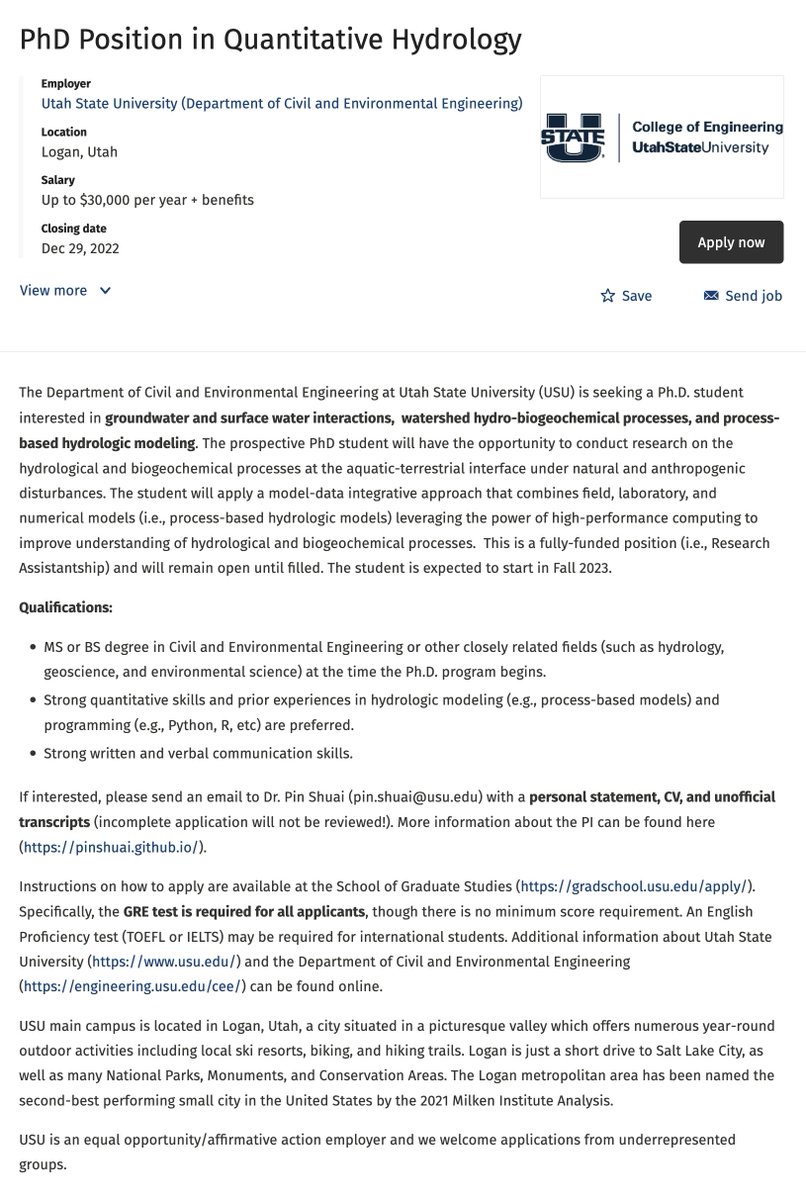 Pin Shuai (@pinshuai) on Twitter photo I am looking for a PhD student to start in Fall 2023 to work on projects related to GW-SW interactions, watershed hydro-biogeochemical processes, and hydrological modeling.
<a href="/hydrosci/">Hydrologic Science</a> <a href="/YHS_jobs/">Hydrology Opportunities</a> <a href="/AGU_H3S/">AGU Hydrology H3S</a> <a href="/joshswaterjobs/">Josh's Water Jobs</a>
See details: bit.ly/3gTzTfw I am looking for a PhD student to start in Fall 2023 to work on projects related to GW-SW interactions, watershed hydro-biogeochemical processes, and hydrological modeling.
<a href="/hydrosci/">Hydrologic Science</a> <a href="/YHS_jobs/">Hydrology Opportunities</a> <a href="/AGU_H3S/">AGU Hydrology H3S</a> <a href="/joshswaterjobs/">Josh's Water Jobs</a>
See details: bit.ly/3gTzTfw