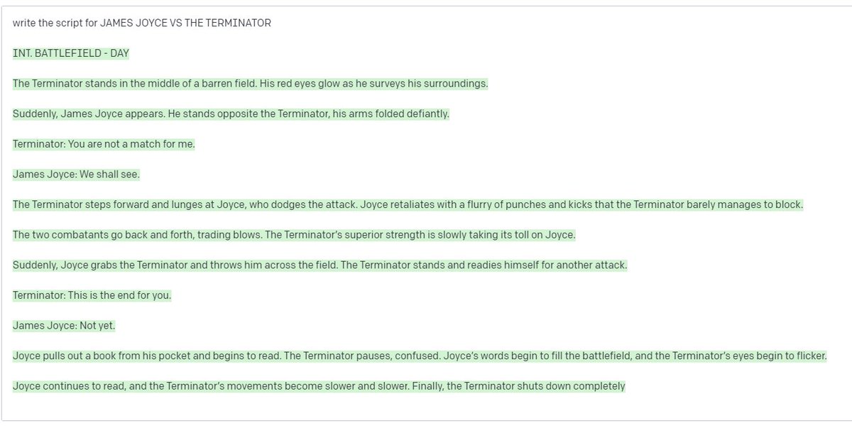 Unwise_Trousers's tweet photo. maybe bad AI art _is_ the future after all! This is its script for "James Joyce vs The Terminator". https://t.co/71eACcZ2ug