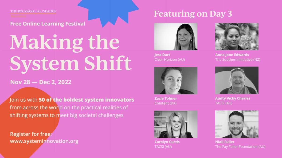 jeneralife's tweet image. 🌟 Day 3 of #MakingTheSystemShift starting shortly!🌟
How can you track place-based system change? @carolyn_tacsi
, Niall 
@fay_fuller , @DrJessDart
, Aunty Vicky Charles &amp;amp; Anna Jane Edwards 
@TSIforSthAkl
⏰10-11am CET / 9-10am GMT / 8-9pm AEST
bit.ly/3UXlNIp