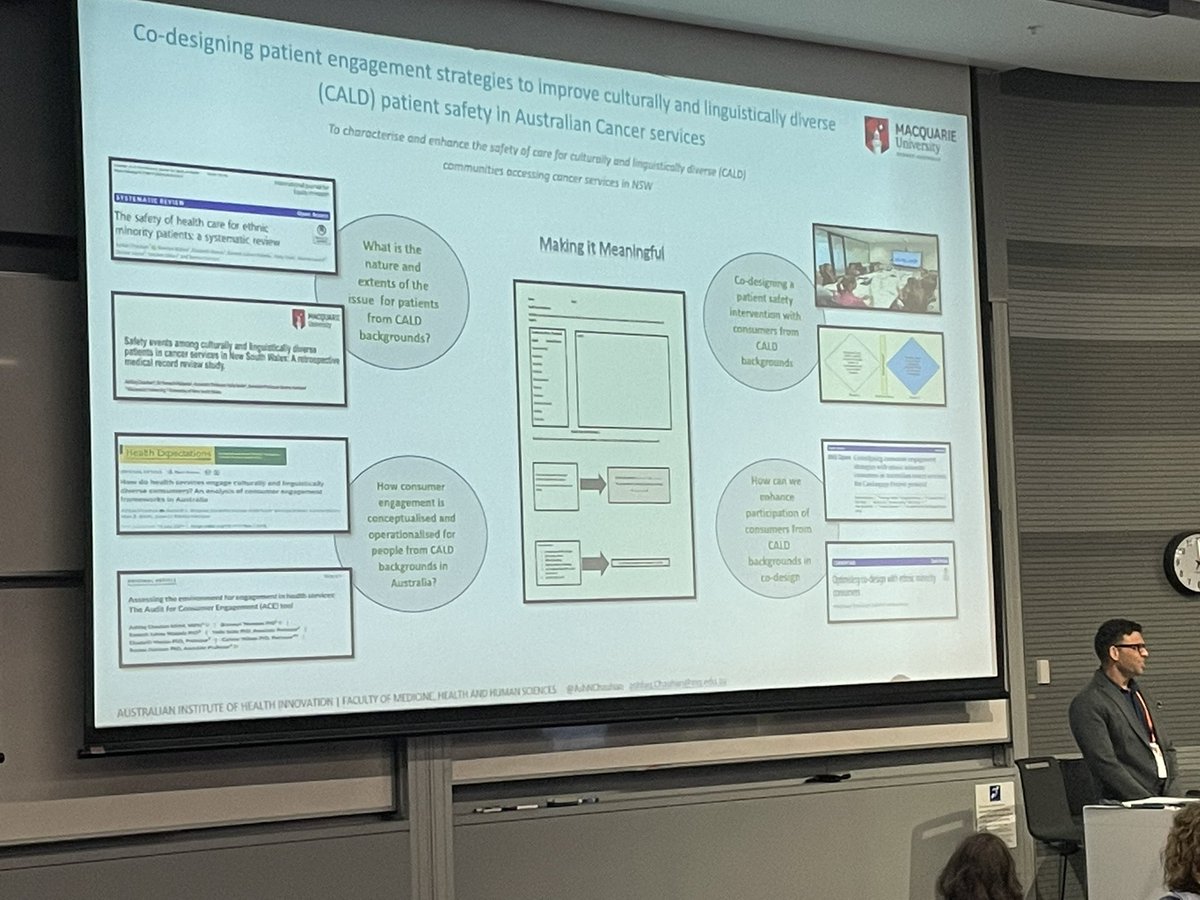 👏👏@AshNChauhan presenting his fantastic thesis on co-designing pt engagement strategies to improve #patientsafety for CALD patients at the @hsraanz #HSR2022 3MT 🤩