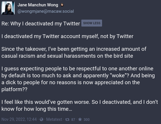 gnprice's tweet photo. @jamesjansson @wongmjane She explains on Mastodon why she deleted her Twitter account: "Since the takeover, I’ve been getting an increased amount of casual racism and sexual harassments on the bird site".
https://t.co/MVHPdkLevY https://t.co/GZafY6Dmhd