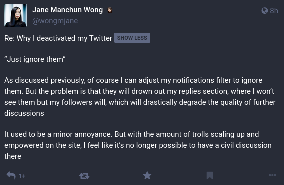 gnprice's tweet photo. @jamesjansson @wongmjane She explains on Mastodon why she deleted her Twitter account: "Since the takeover, I’ve been getting an increased amount of casual racism and sexual harassments on the bird site".
https://t.co/MVHPdkLevY https://t.co/GZafY6Dmhd