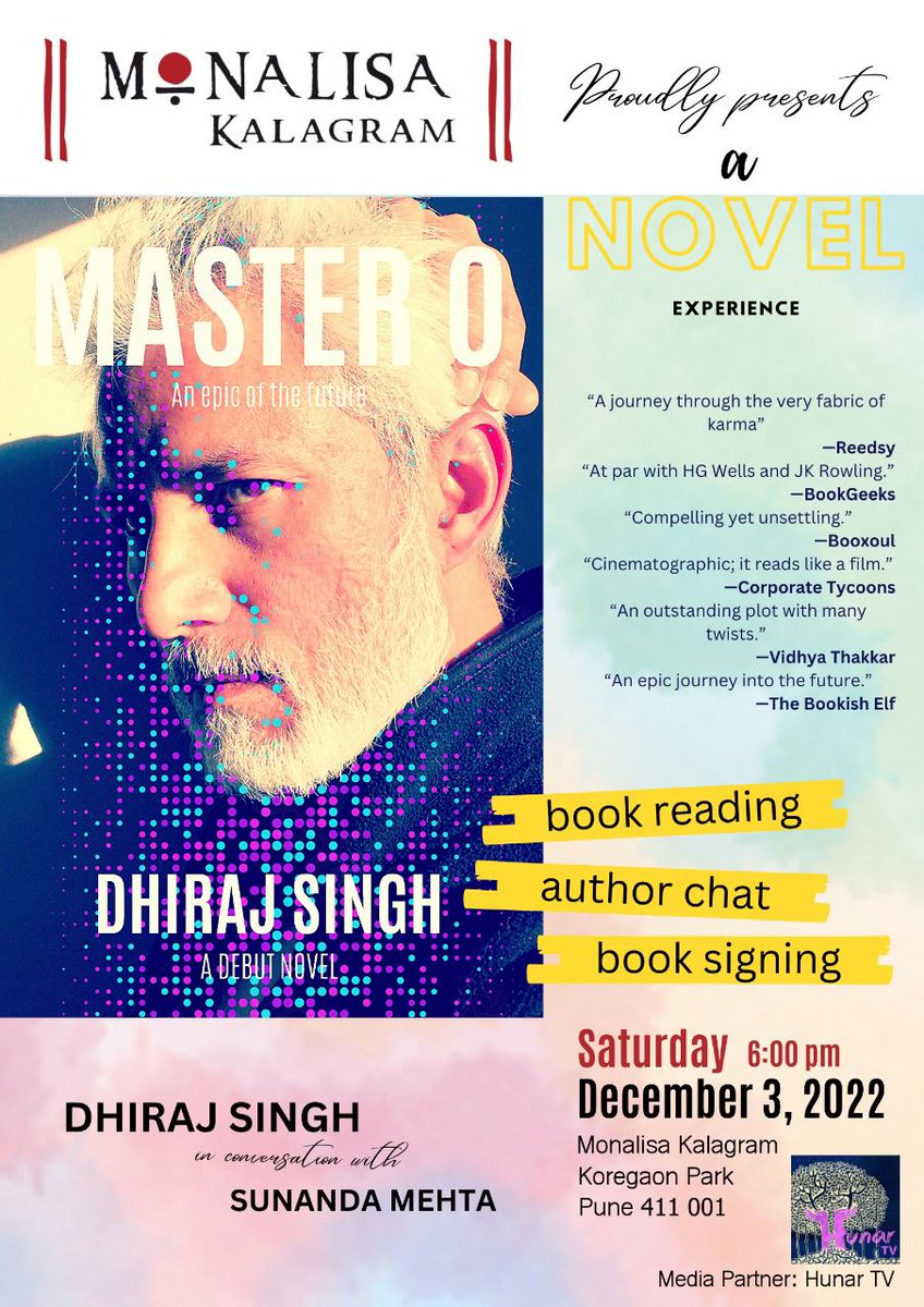 Hunar_TV's tweet image. #ComingUp. We are proud to be Media Partner for author @i_dhirajsingh 's book talk this weekend. Our latest #HunarCharcha, this time in #Pune city. In conversation with senior news editor @SunandaMehta about Dhiraj Singh's political sci-fi thriller ‘MASTER O’.
#books #amreading