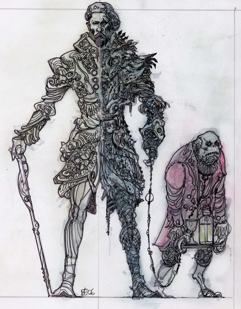 DrewmoraYT's tweet photo. I love this concept art for Sheogorath by Adam Adamowicz so much. The split between his mania and dementia. Plus Haskill as a grummite would have been the perfect representation of his sardonic personality https://t.co/eNyZoKBuWy